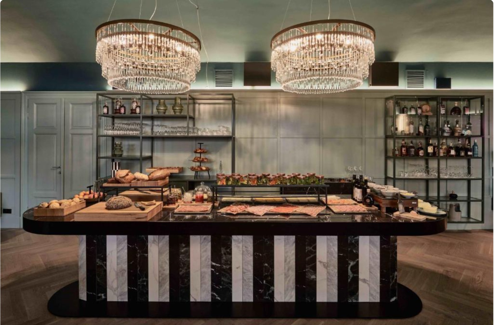Breakfast at the striped marble counter