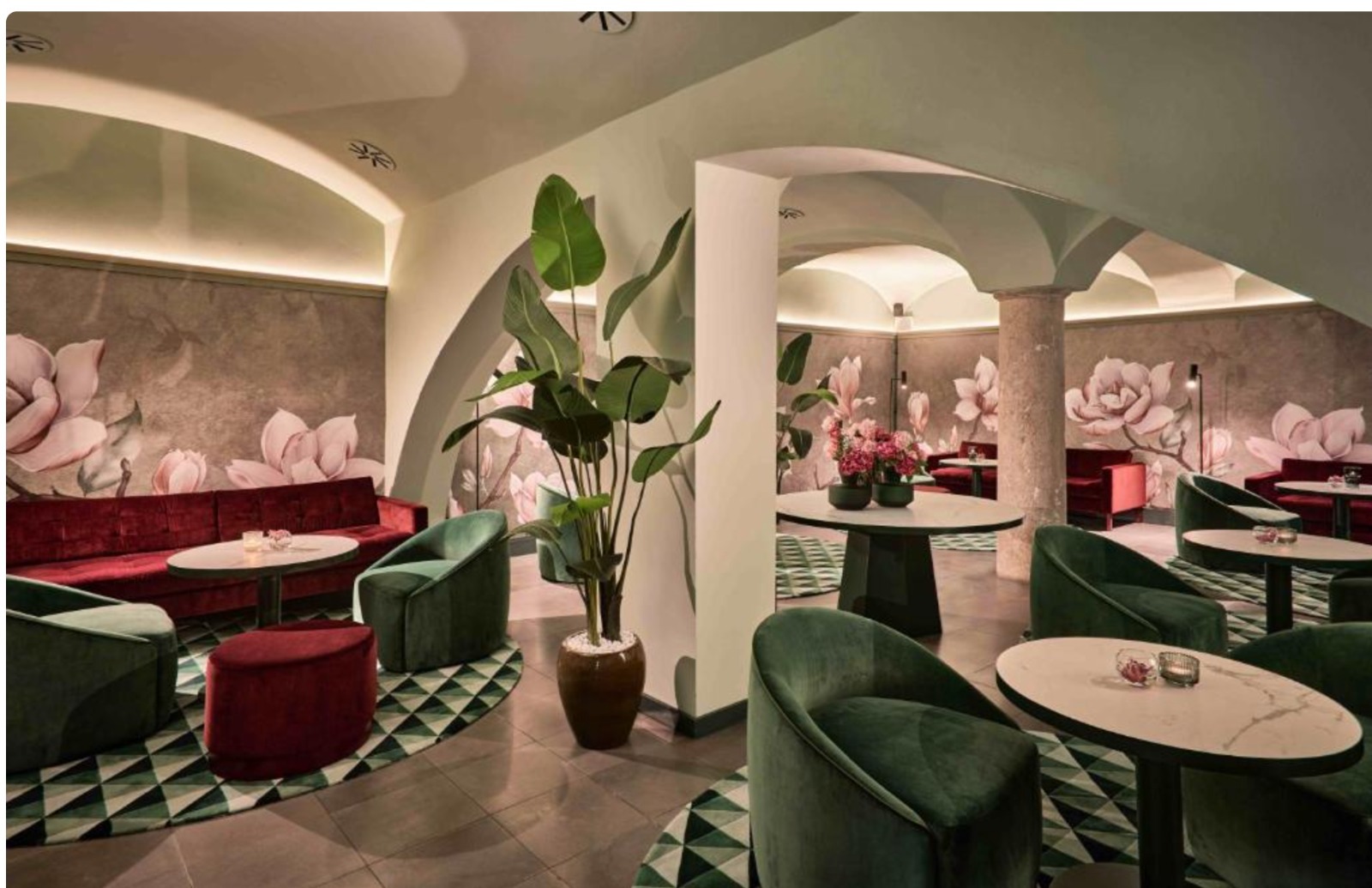 The lounge, magnolias, velvet and a vaulted ceiling