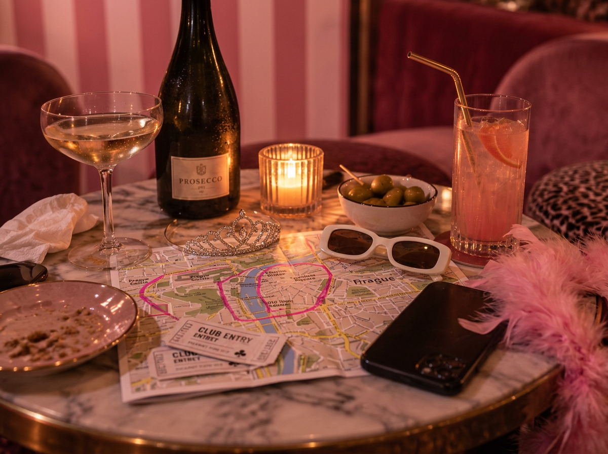 A marble table late at night after a girls' night out: half-finished cocktails, a candle, a Prague map with a tiara on it, sunglasses and club tickets